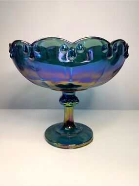 1970s Indiana Glass Blue Carnival Glass Compote Bowl Pedestal Dish 9”